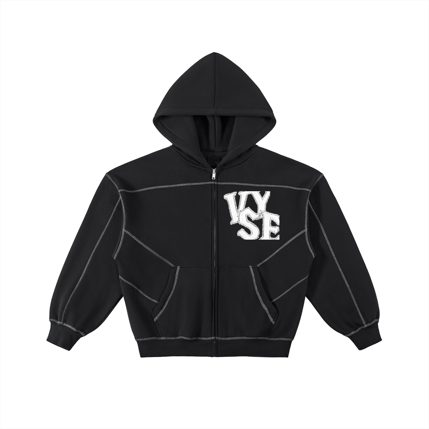 Contrast-Stitched Boxy Fleece Zip Hoodie