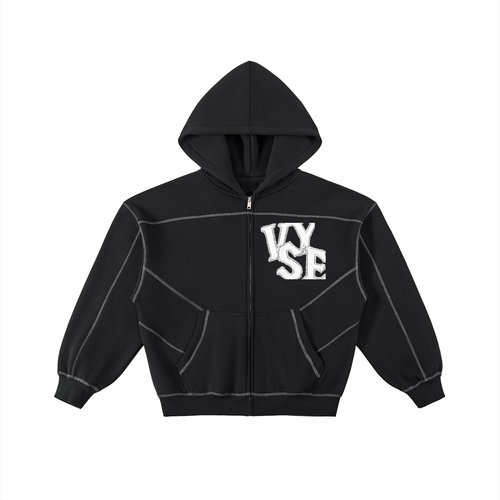 Contrast-Stitched Boxy Fleece Zip Hoodie