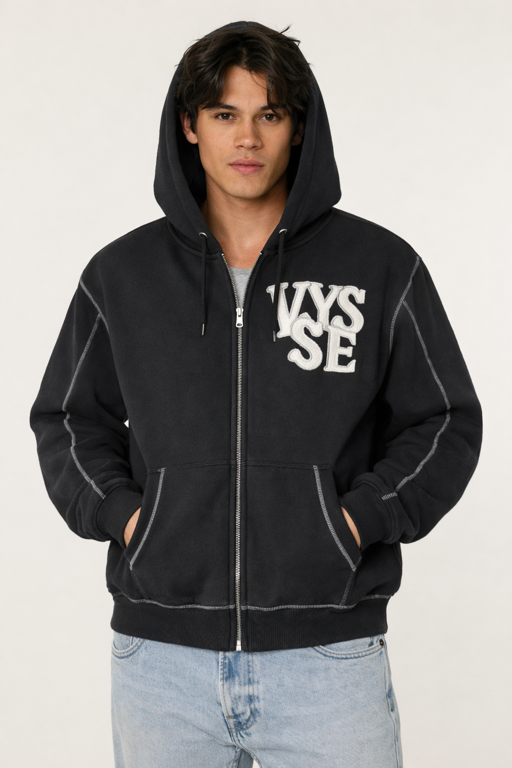 Contrast-Stitched Boxy Fleece Zip Hoodie