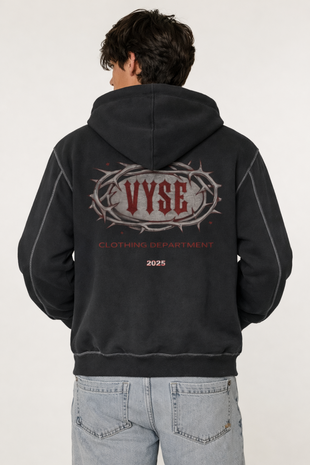 Contrast-Stitched Boxy Fleece Zip Hoodie
